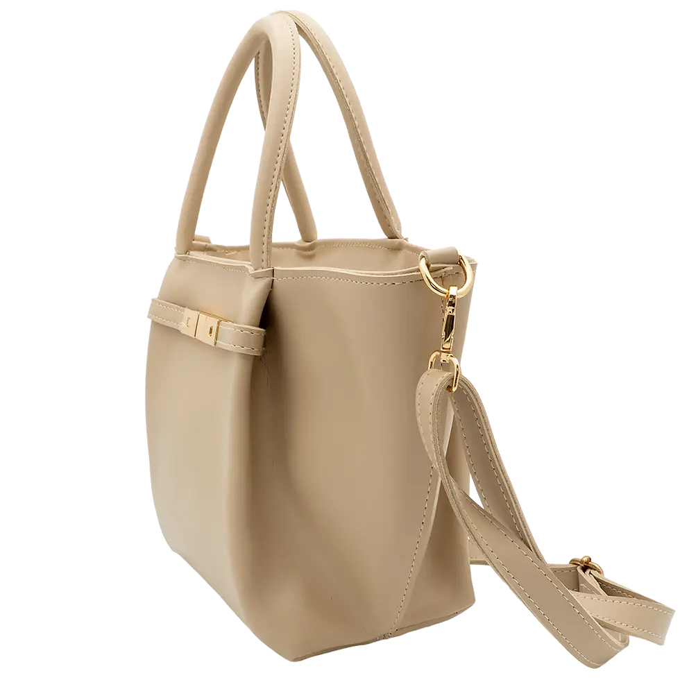 Thumbnail: Beige vegan leather Scarlett satchel side view showing structured silhouette and detachable strap