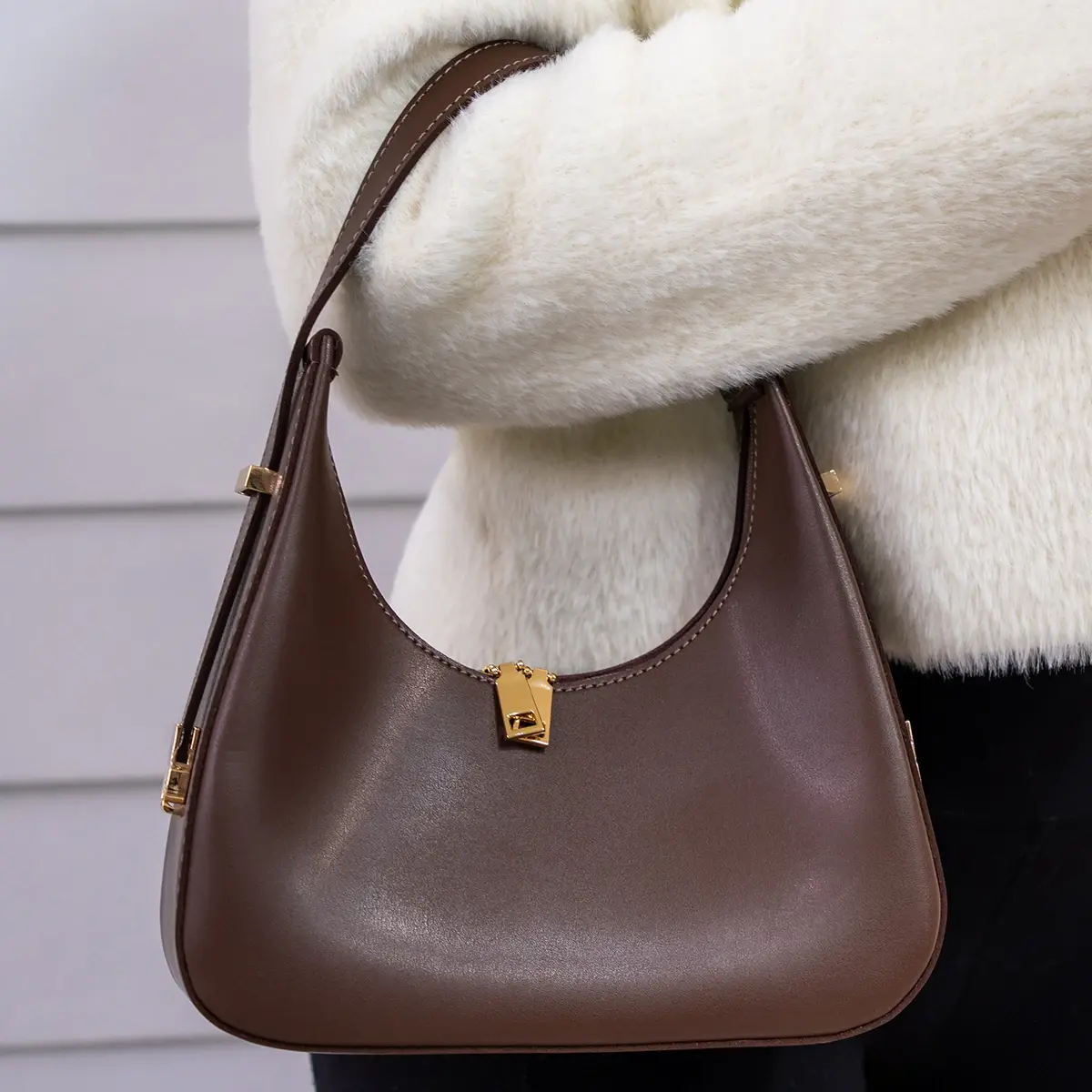 Rhea maroon vegan leather purse close-up, compact shoulder bag