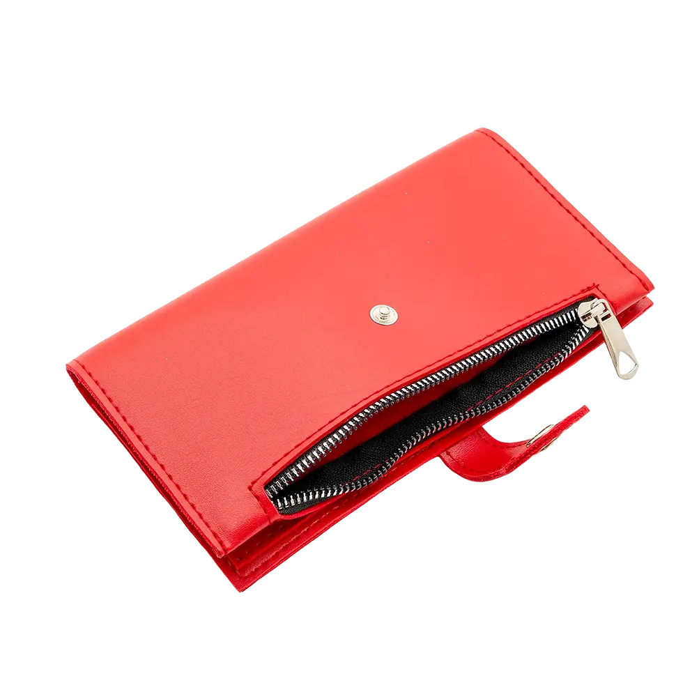 Thumbnail: Red vegan leather women’s long wallet – angled open view showing snap closure