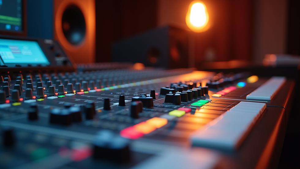 Vue rapprochée d'une console de mixage professionnelle dans un studio d'enregistrement
