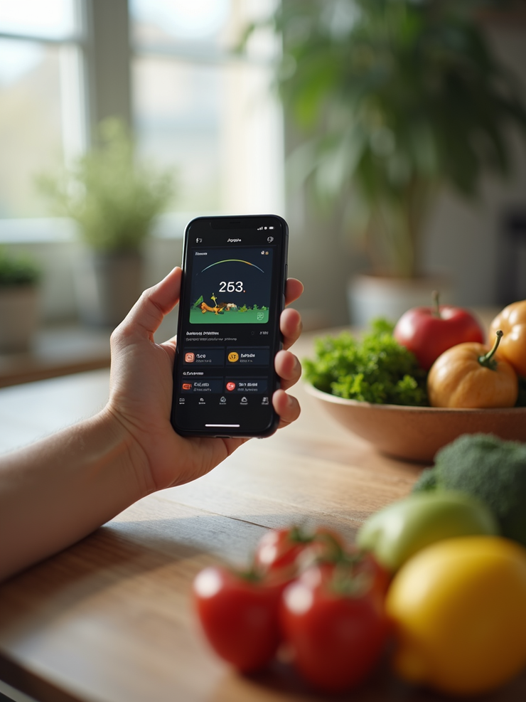 Smartphone nutrition tracker app kitchen counter.