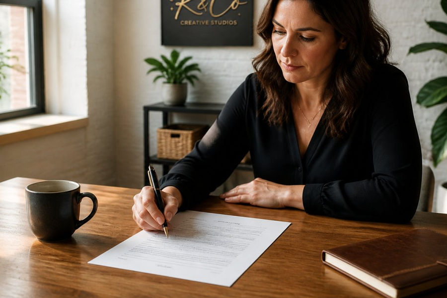 Solo founder working at a wooden desk while focused on a one-page business planning document.