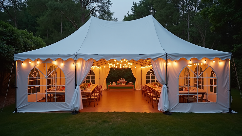 Eye-level view of neatly arranged white folding chairs and round tables at an outdoor venue