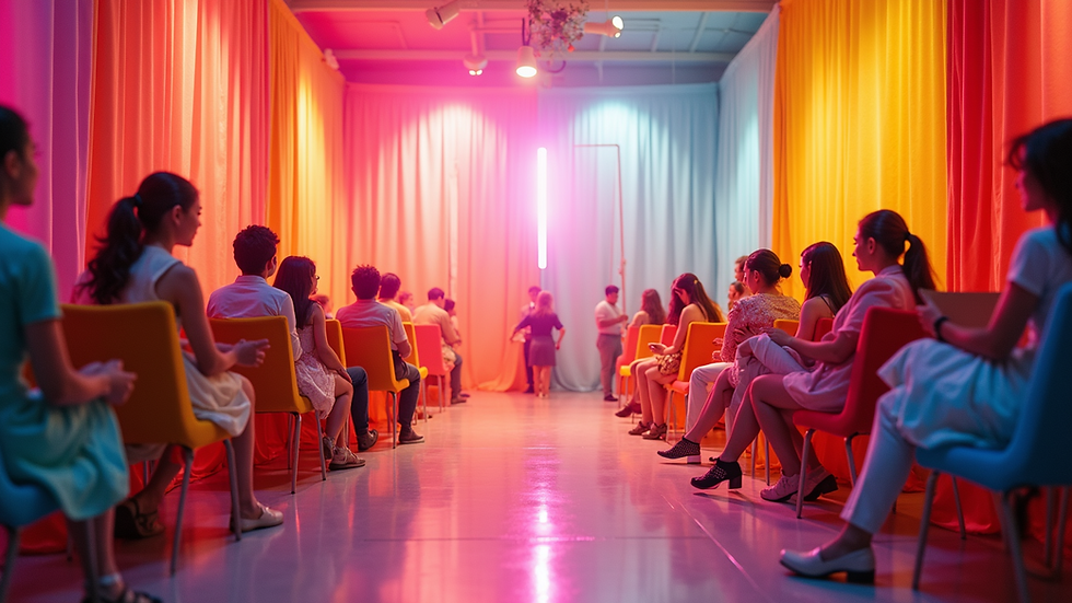 Eye-level view of a vibrant photo booth with colorful props