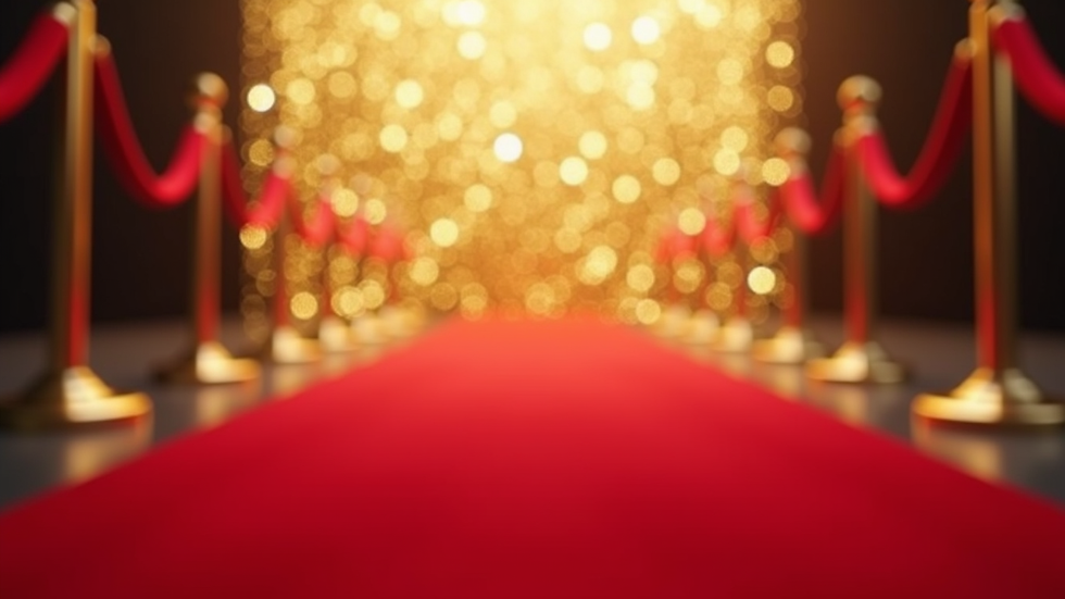 Eye-level view of a red carpet runner leading to a sparkling gold backdrop