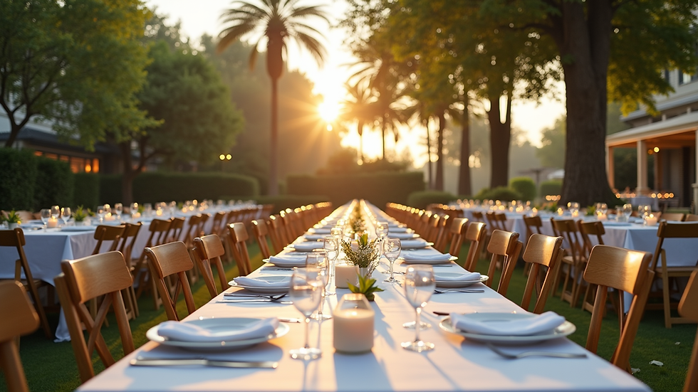 Eye-level view of a neatly arranged outdoor event setup with tables and chairs