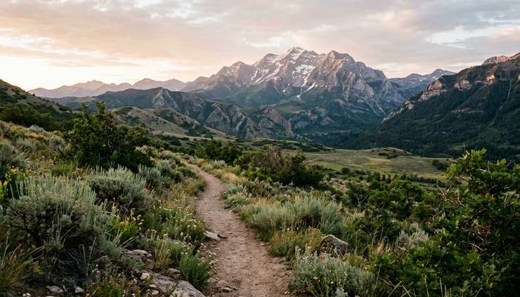 Wide-angle view of a quiet Utah valley trail at sunrise with mountains in the distance.