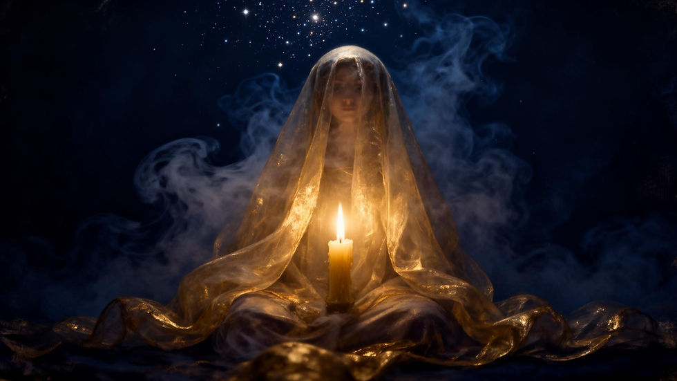 Veiled figure holding a candle in a mystical setting
