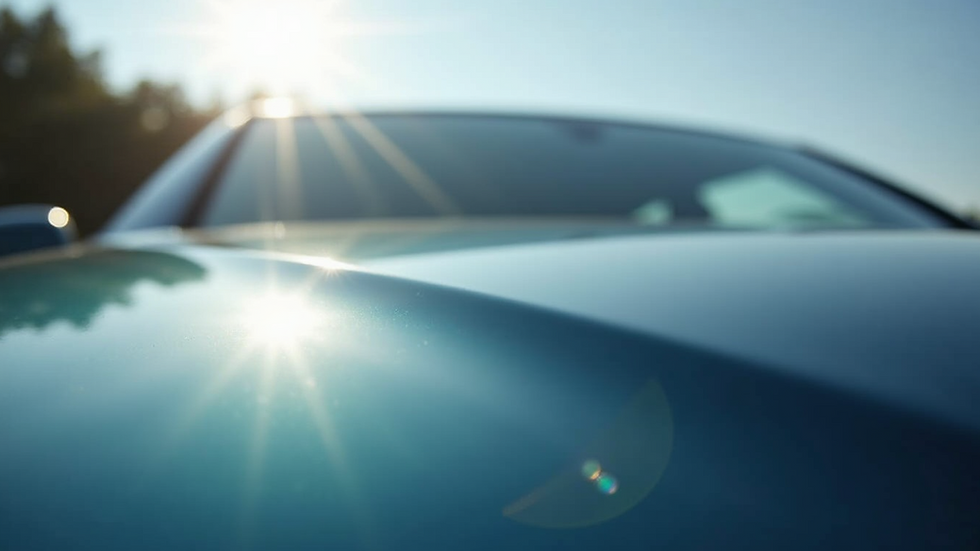 Close-up view of a car’s polished hood reflecting the sky