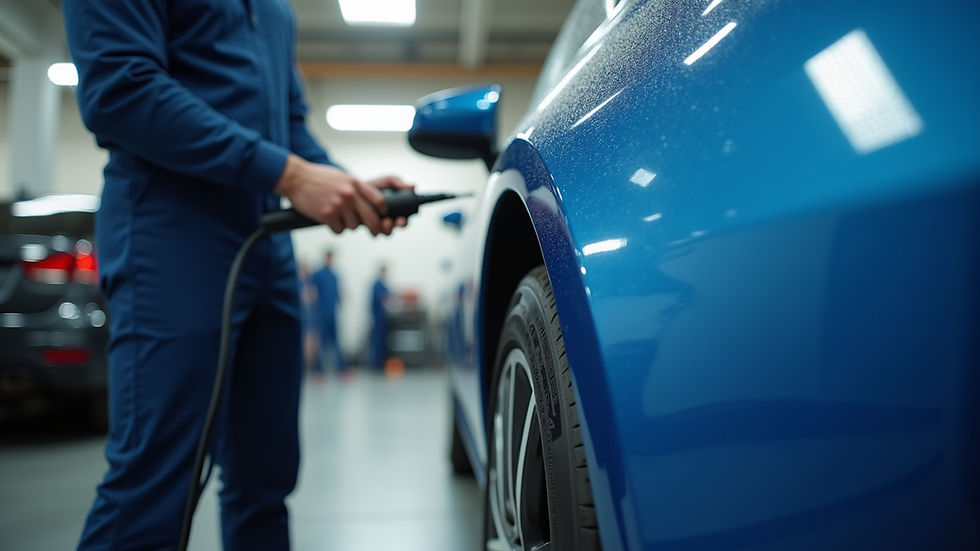 Eye-level view of a professional applying ceramic coating to a car door