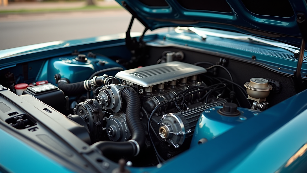 High angle view of a clean and polished car engine bay