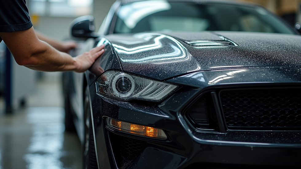 Eye-level view of a shiny black car being hand washed