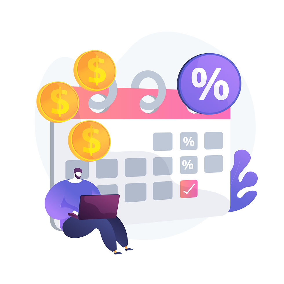 A man holding a laptop, leaning on a calendar shaped like a calculator showing interest rates on it.
