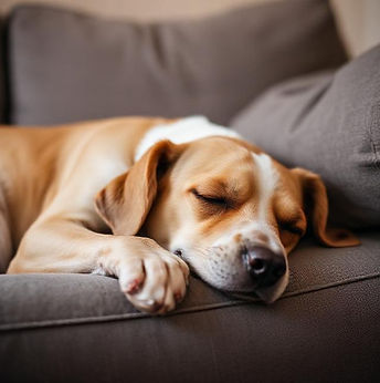 dog sleeping on couch in boarding