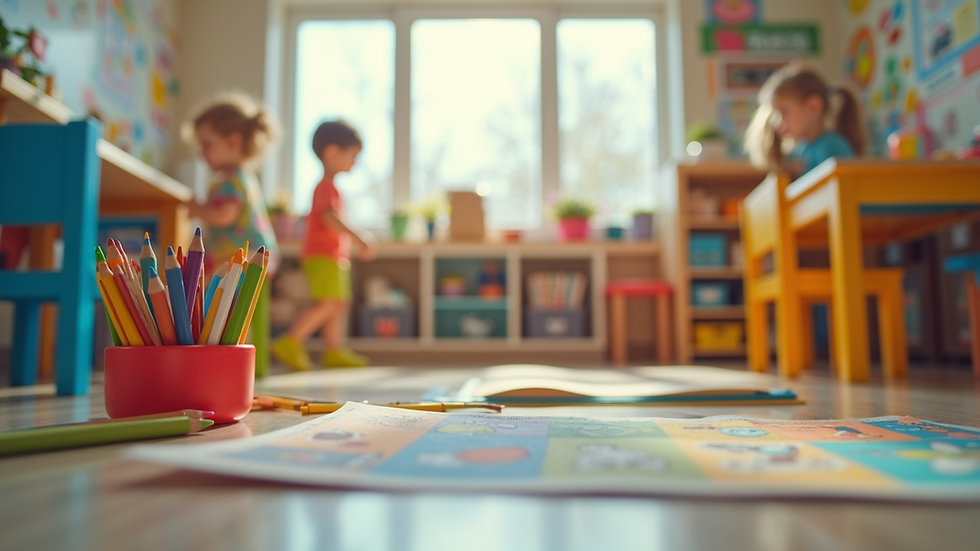 Eye-level view of colourful preschool classroom with learning materials
