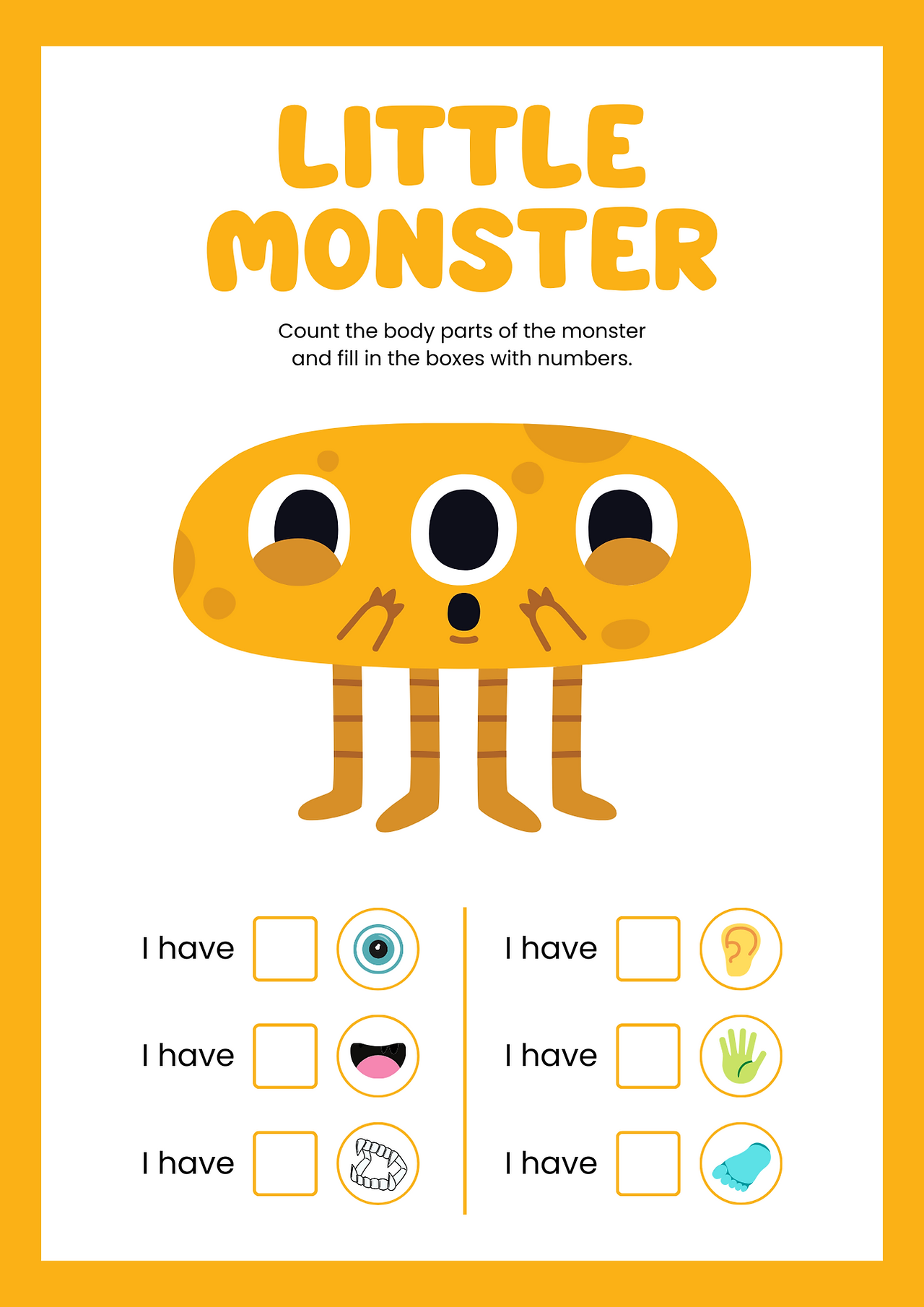 Monsters themed body parts vocabulary book for early years