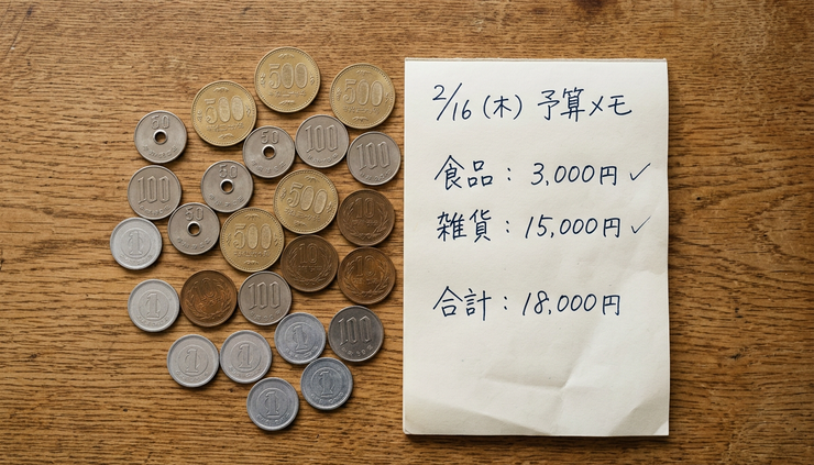 斜め上から見た硬貨と手書きの予算メモ。