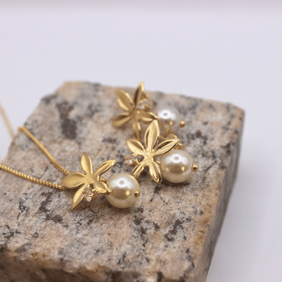 Miniatura: Conjunto Flor com Pérola e Zircônia Banhado a Ouro 18K