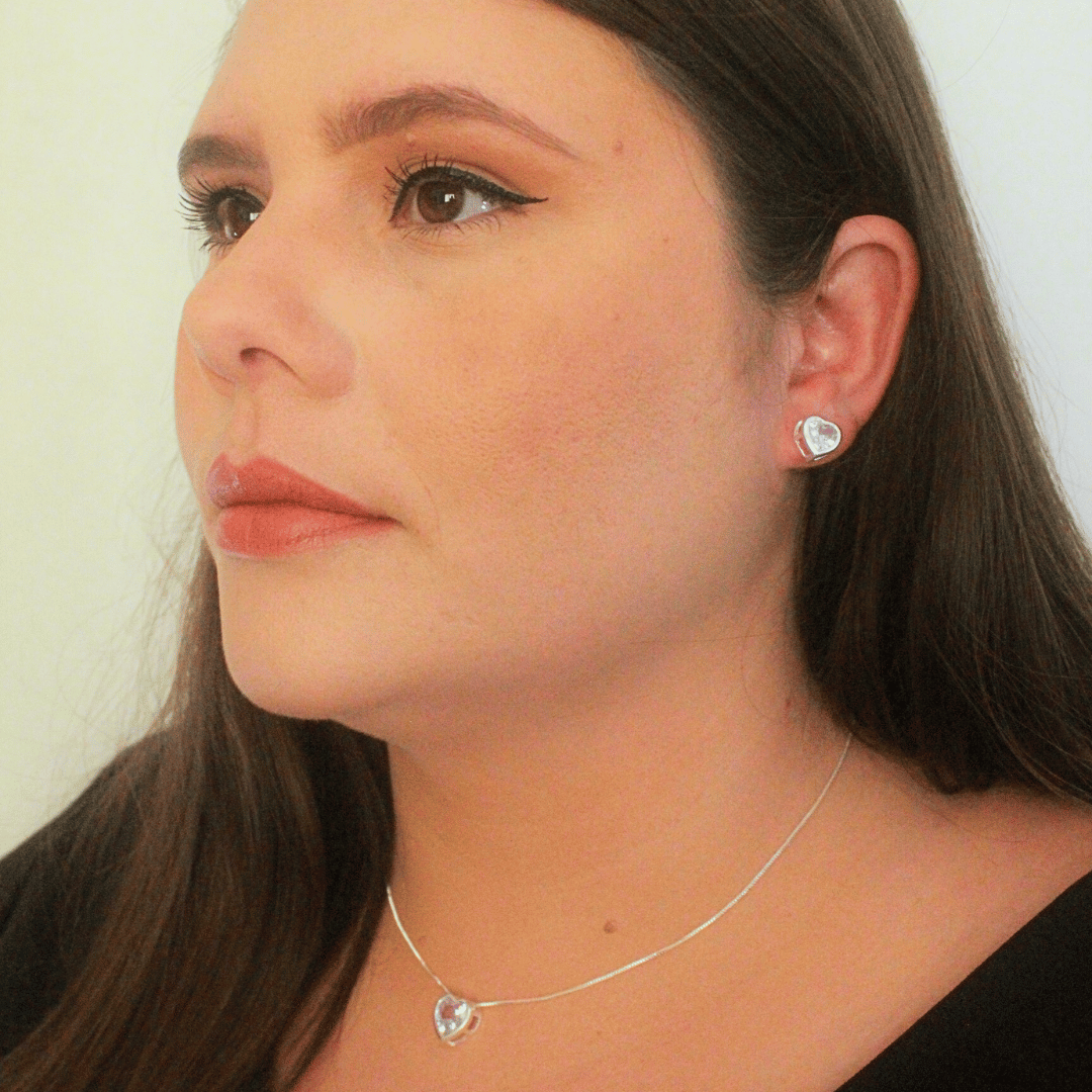 Conjunto Coração Com Zircônia Banhado a Prata 950