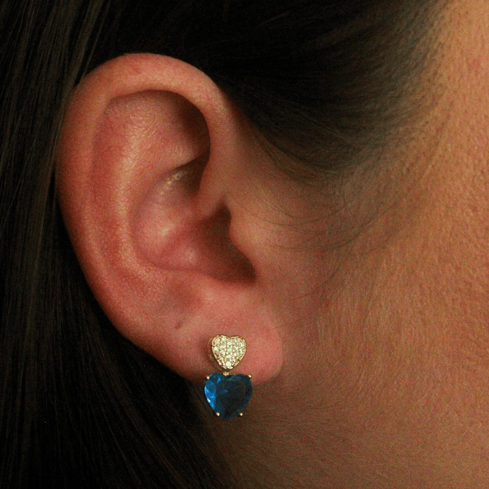 Miniatura: Conjunto Coração Safira Cravejado Com Zircônia Banhado a Ouro 18K