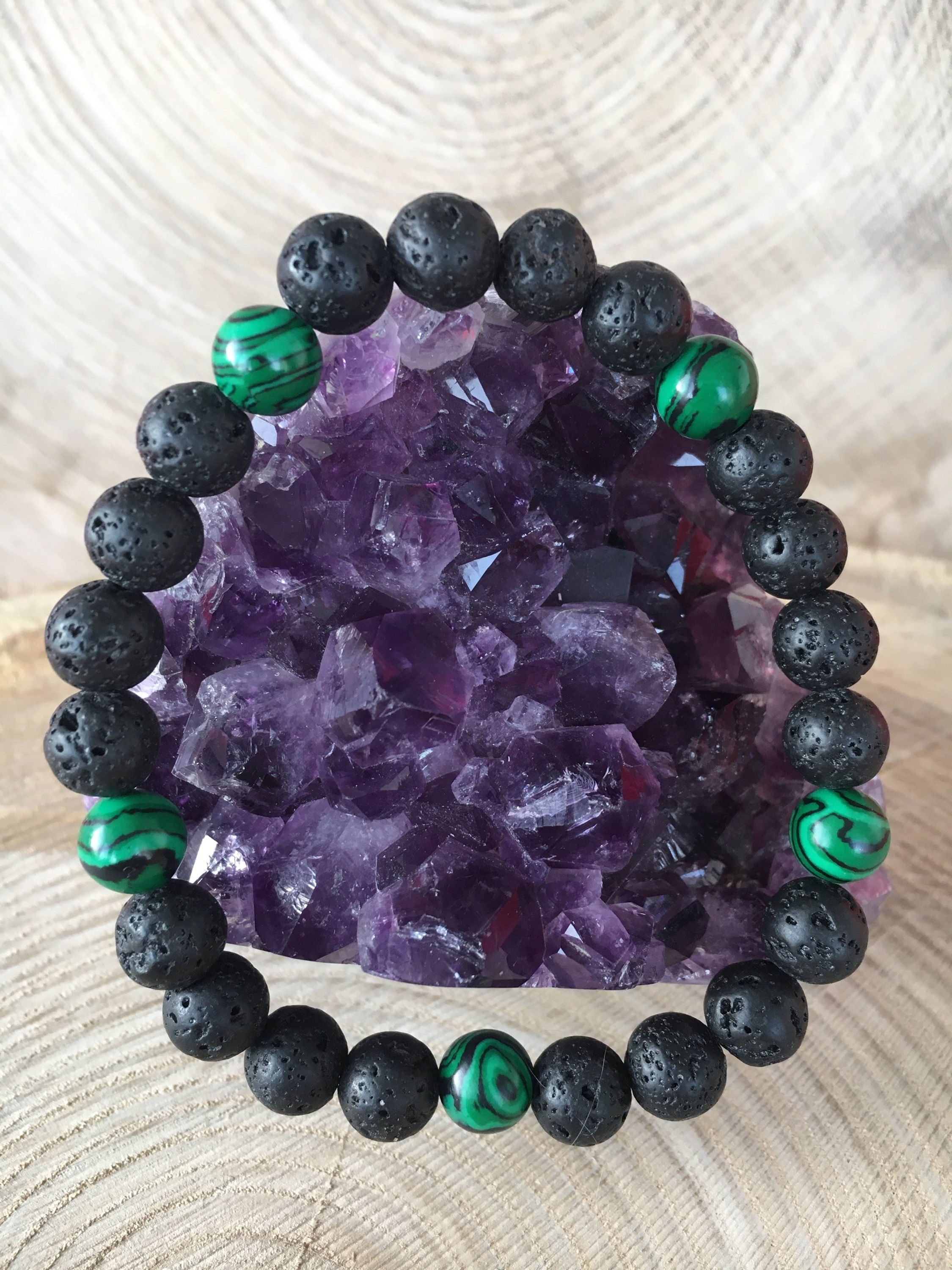 Bracelet homme pierre volcanique + malachite, diamètre 20.5cm