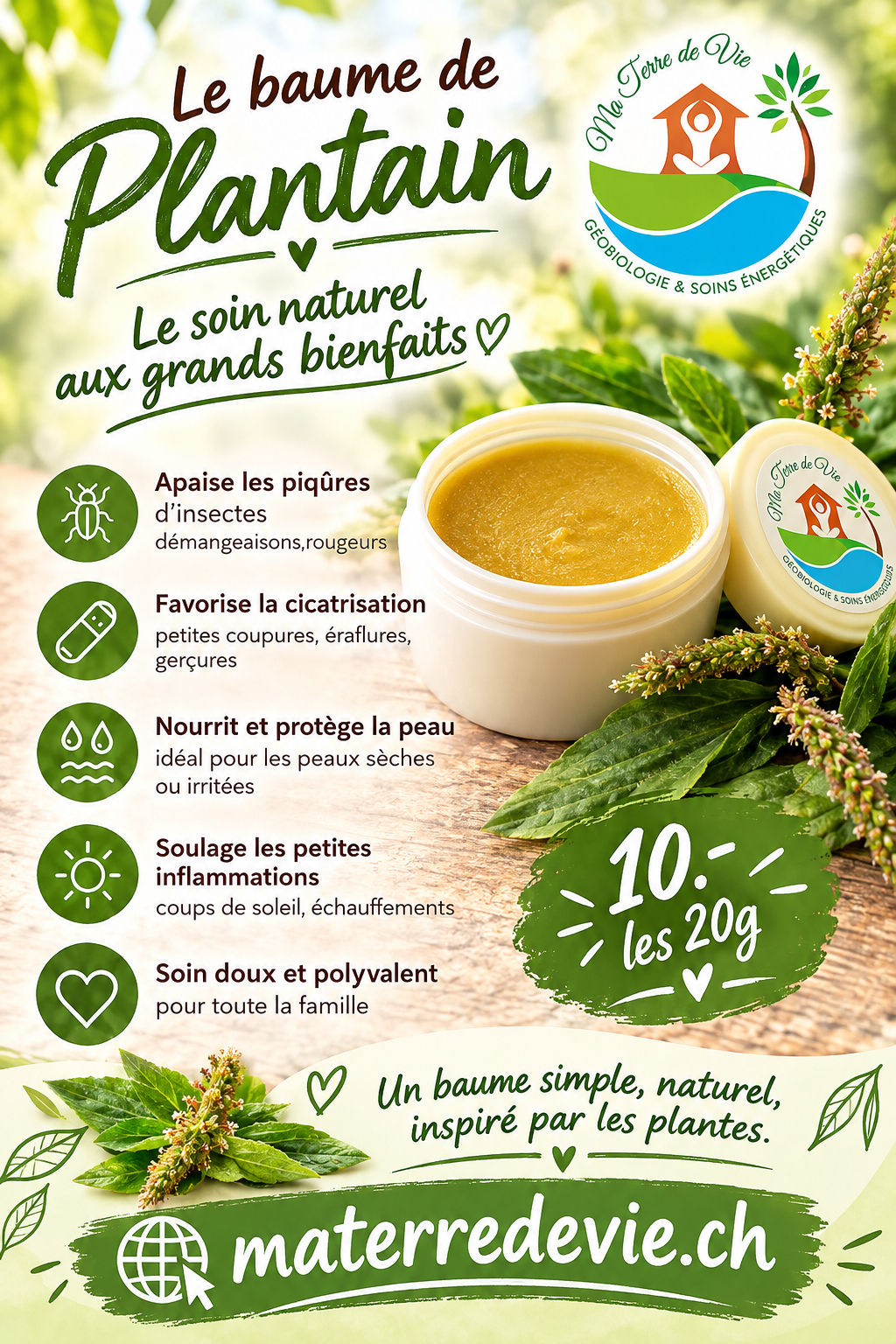 Baume de plantain 20 ml -> top en cas de piqûres d'insecte, allergies/irritation