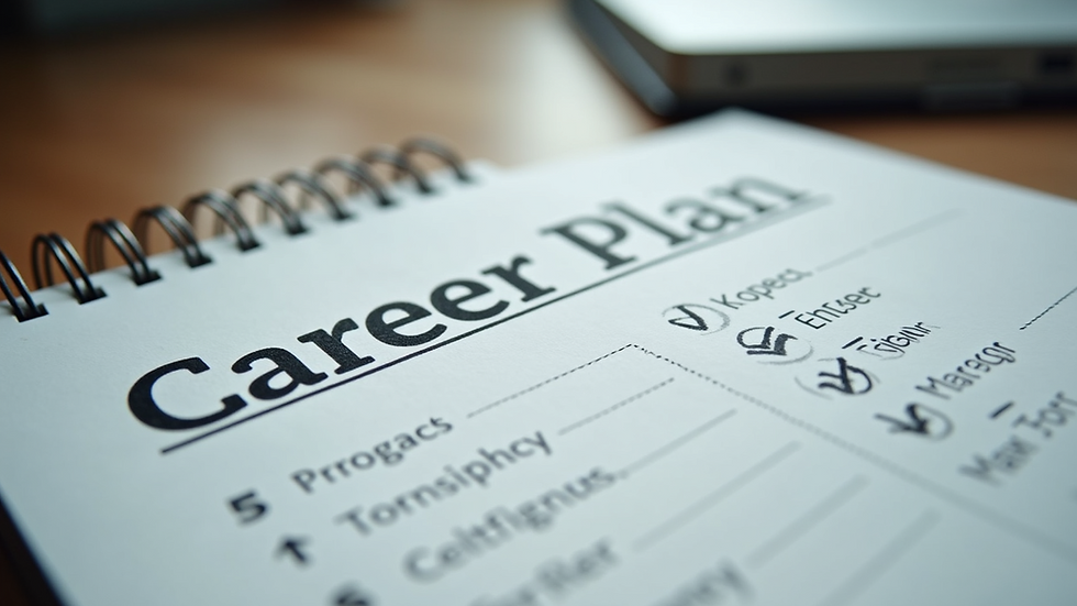 Eye-level view of a notebook with a career plan outline