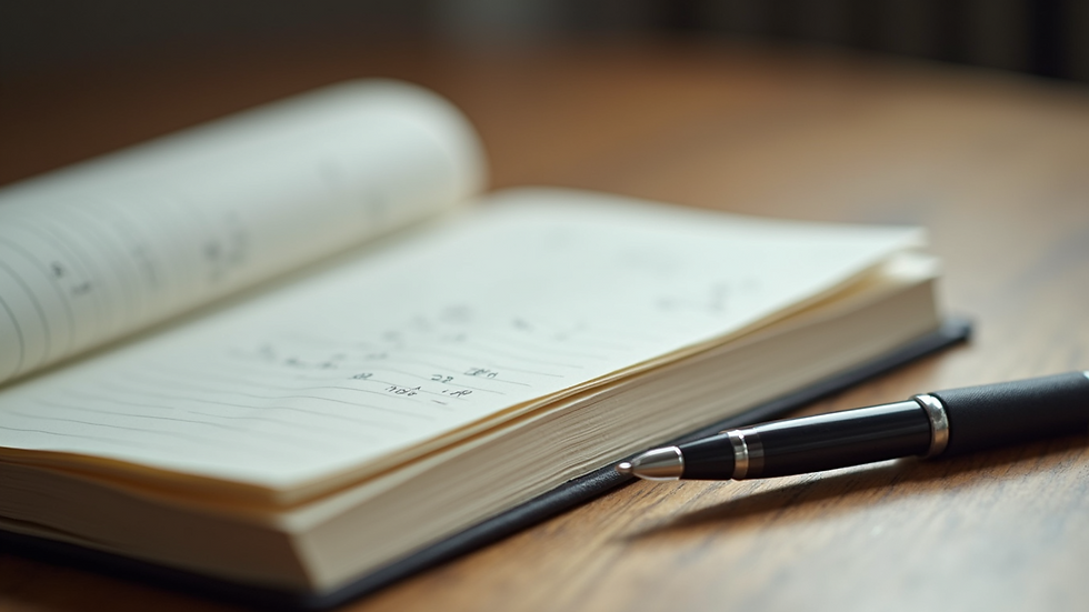 Close-up view of a notebook with storytelling notes and a pen