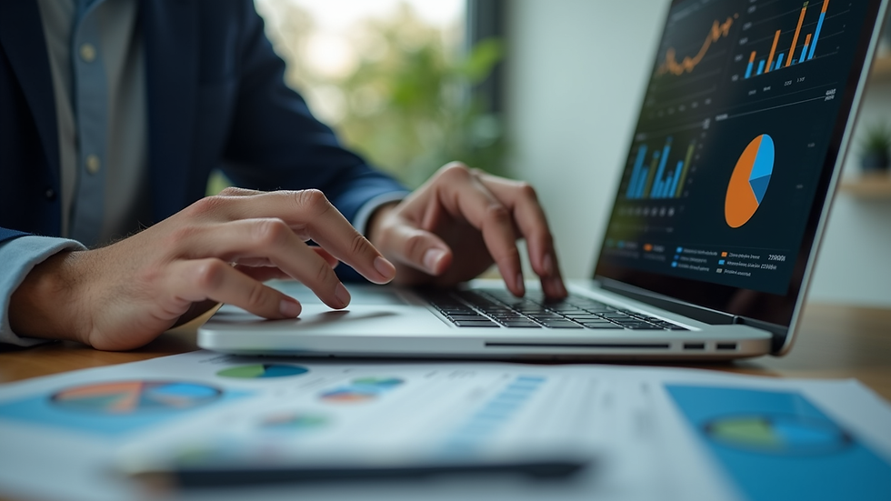 Close-up view of a consultant analyzing sales data on a laptop