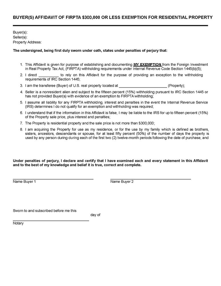 Buyer’s 300,000 Withholding Exemption Affidavit