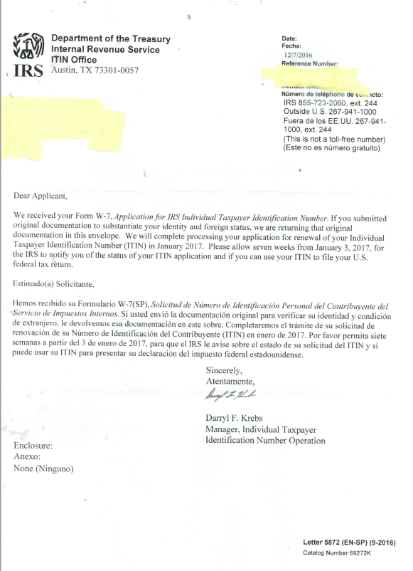IRS ITIN letter 5872 ITIN renewal