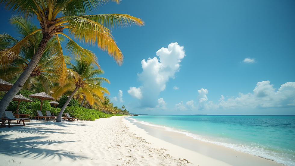 Wide angle view of a sunny Florida beach with palm trees