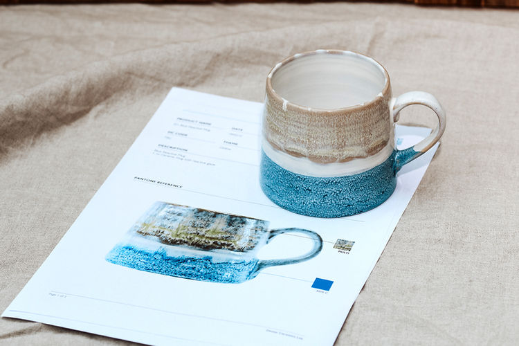 Blue and neutral striped, ceramic, rustic, handmade, ceramic mug in development