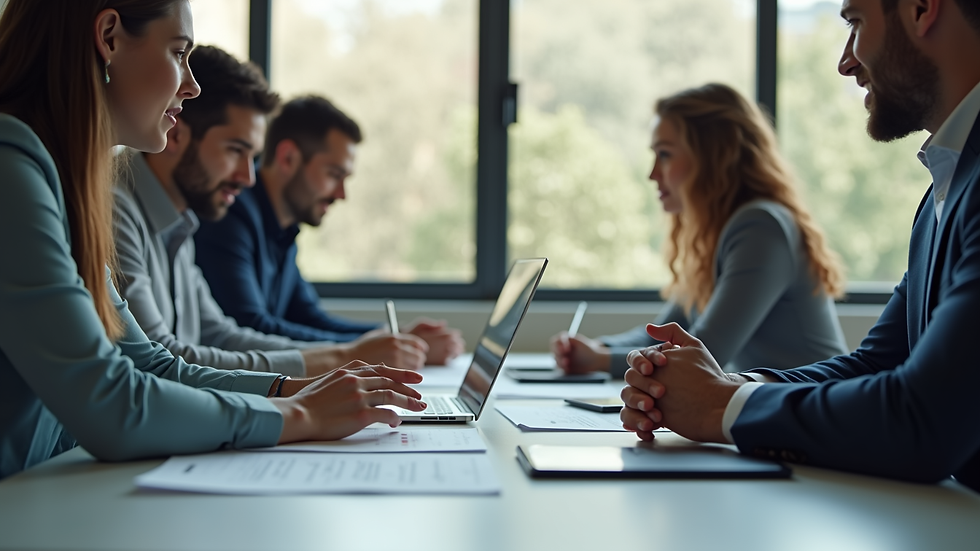 Close-up view of a digital marketing team discussing strategy around a table