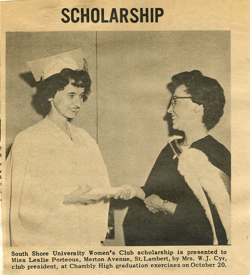 Photo and caption from The South Shore ECHO de la Rive Sud announcing The South Shore University
Women’s Club scholarship winner. The recipient was Ms. Leslie Porteous.