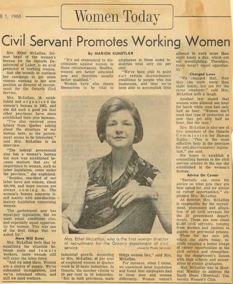 Article and photo from newspaper dated 01 June 1966 detailing the work of Mrs. Ethel McLellan, the first woman director of recruitment for the Ontario department of civil service. Mrs. McLellan was in Montreal to address a meeting of the South Shore University Women’s Club.
