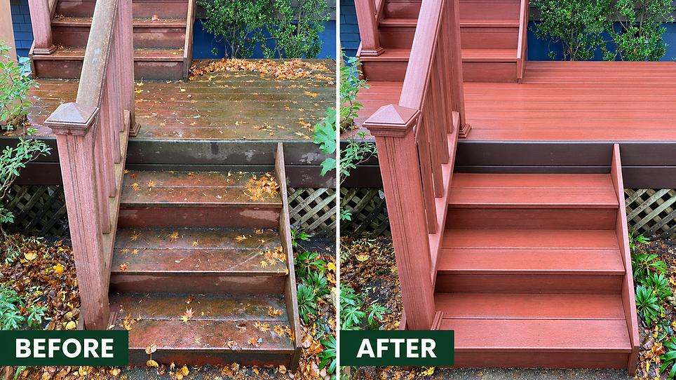 Before and after professional cleaning of a red deck and entry steps in the Portland metro area.