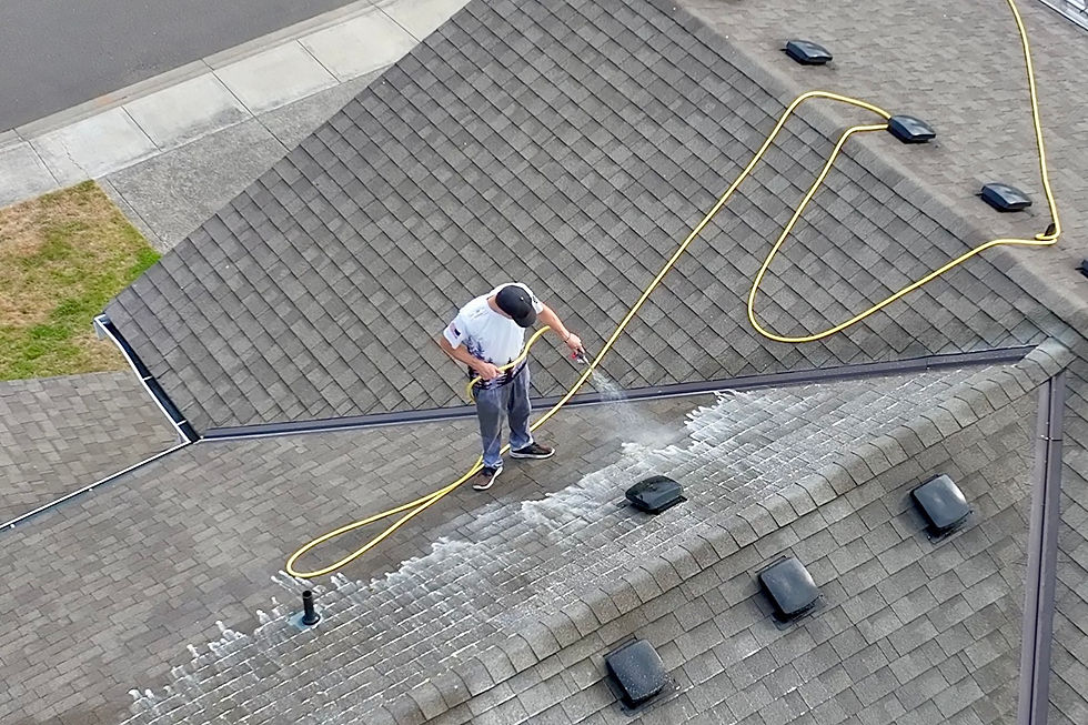 Close-up view of soft washing equipment in use on a roof