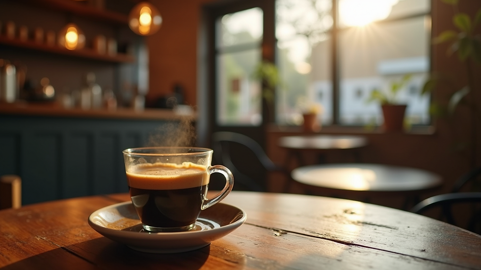 Eye-level view of freshly brewed Rwandan coffee in a cozy café setting