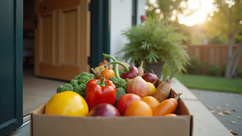 Eye-level view of a delivery box filled with fresh fruits and vegetables on a doorstep