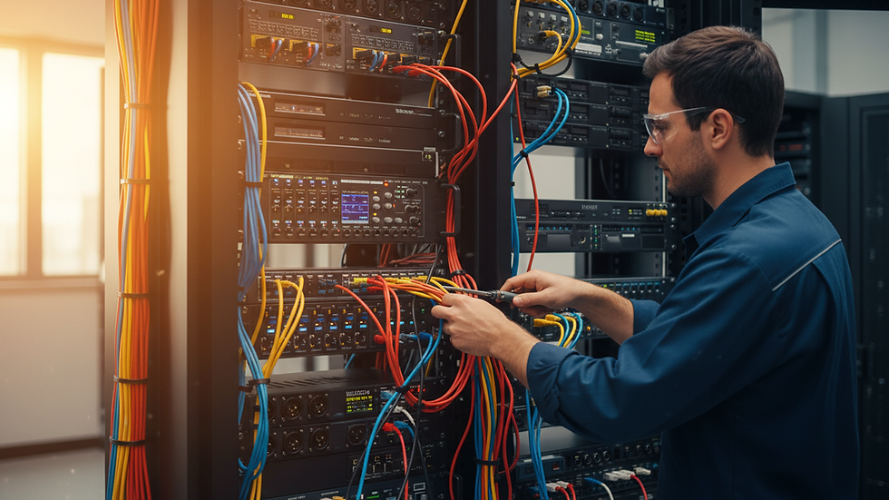 Close-up view of a technician configuring AV equipment in a server rack