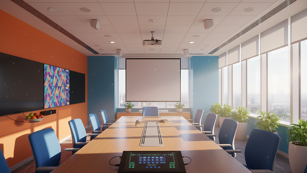 Eye-level view of a modern conference room with AV equipment