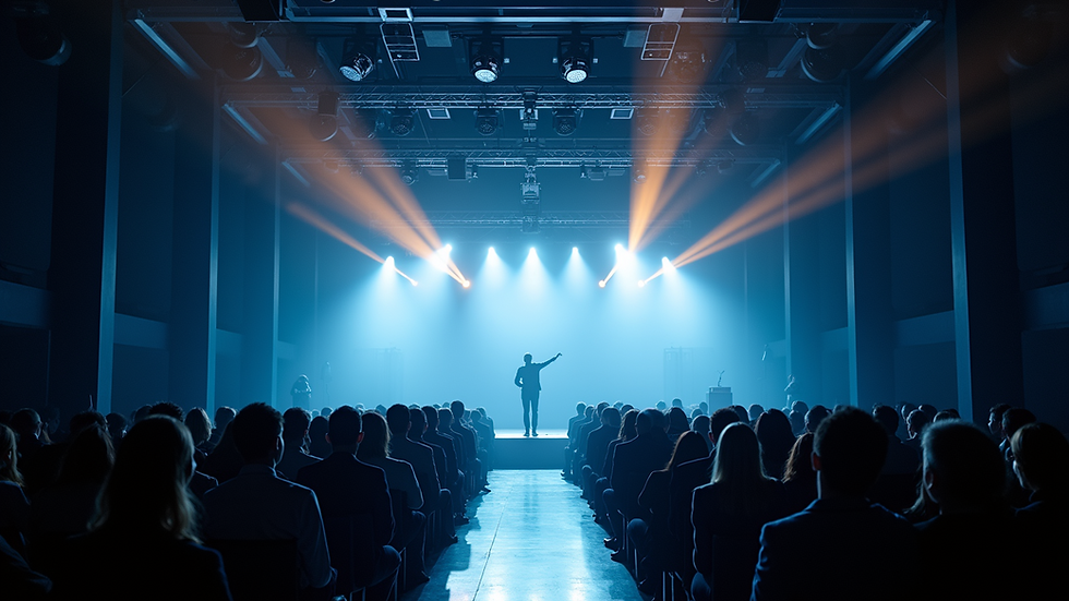 Eye-level view of a professional event stage with dynamic lighting
