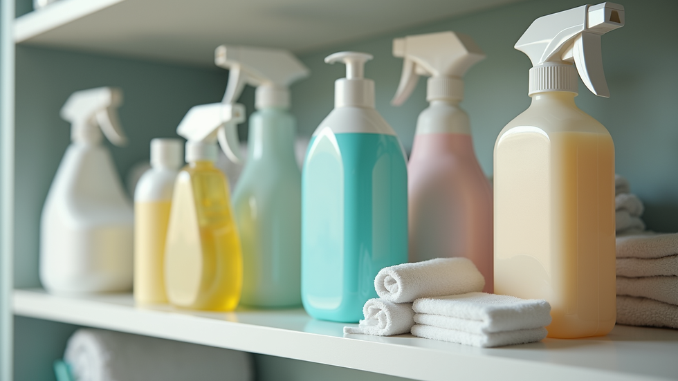 Close-up view of various cleaning products arranged neatly on a shelf