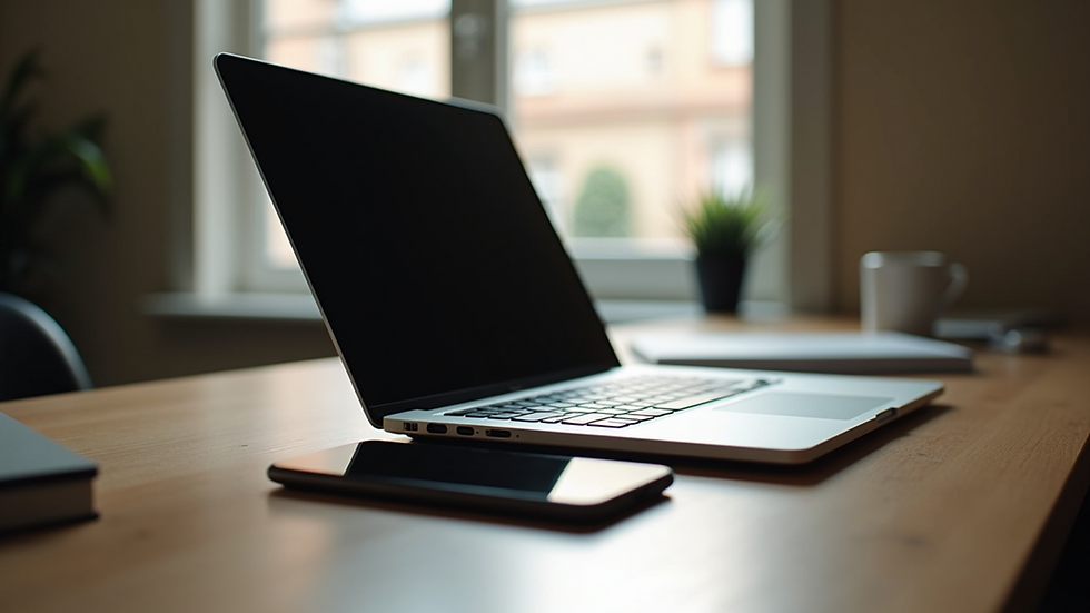 Eye-level view of a laptop and smartphone on a wooden desk