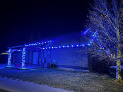 bright blue christmas lights, roof trim line and pillars
