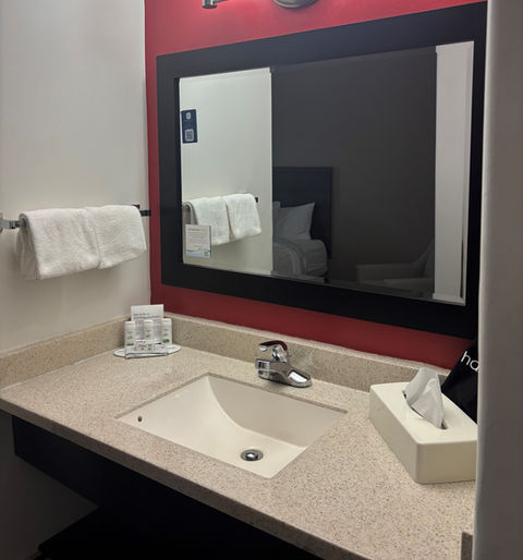 Well-lit hotel bathroom featuring toiletries and a spacious shower and vanity area at Ramada Sherwood Park
