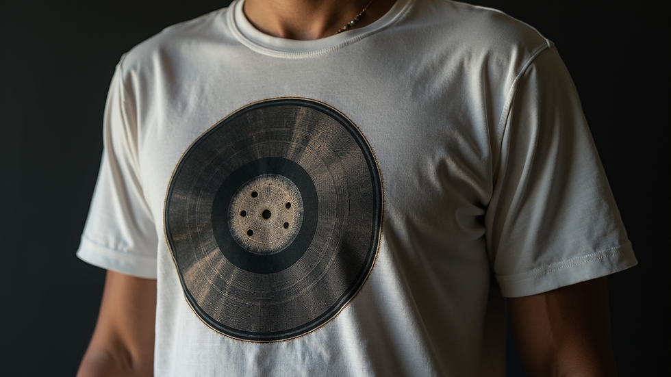 Close-up de camiseta com estampa de disco voador em fundo escuro