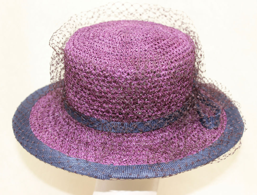 Thumbnail: CROCHET STRAW IN PLUM - MAROON WITH NAVY TRIM AND  VEILING