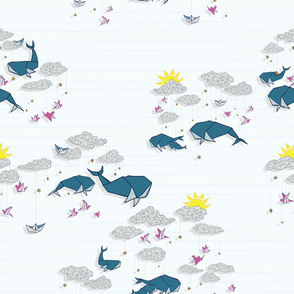 A pattern of origami whales and fish with cranes in a bright, sunny sky